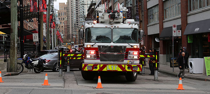 Fire truck on a street in Yaletown Fire truck on a street in Yaletown